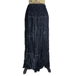 Tisa USA Maxi Skirt Black Crush Velvet 28in Drawstring Elastic Waist Tier Pleats